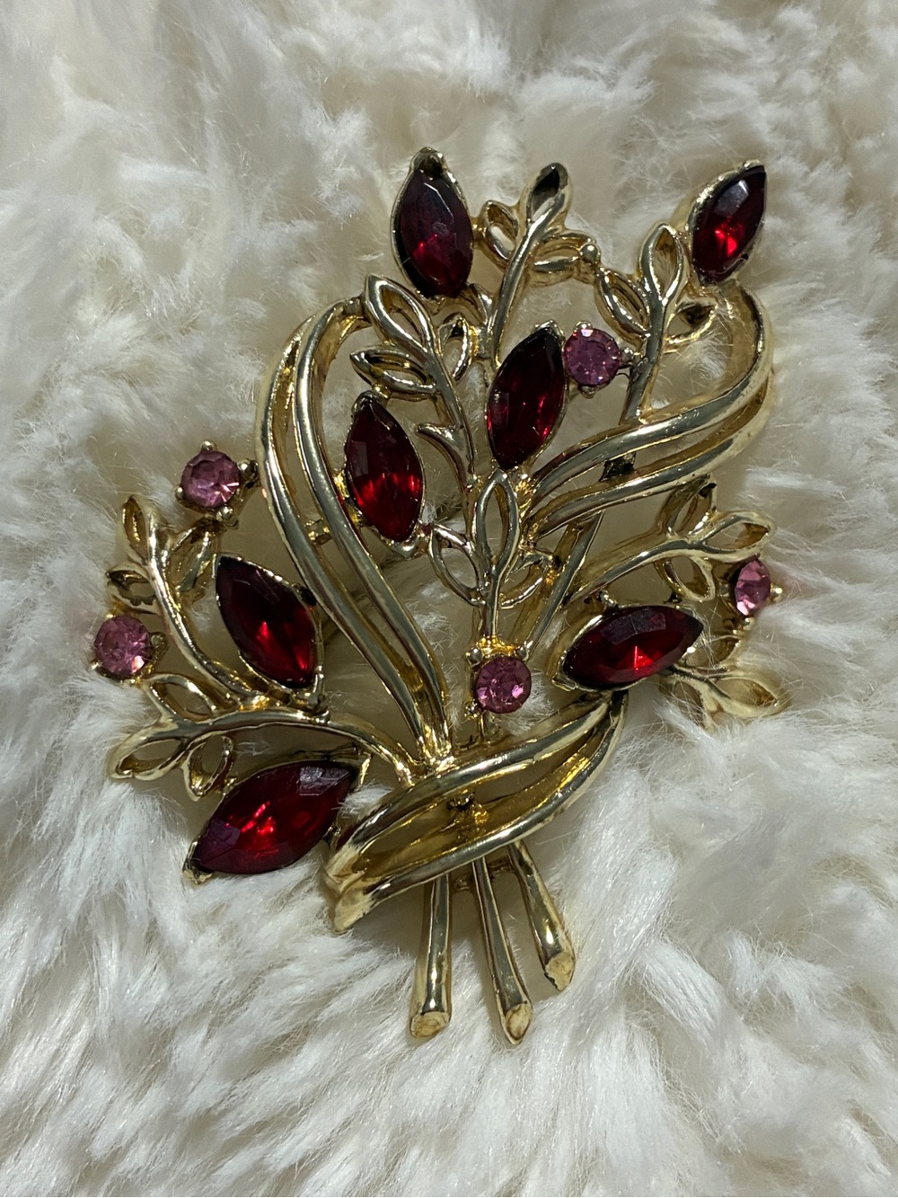 Vintage Gold Floral Bouquet Brooch with Deep Red and Light Pink Stones